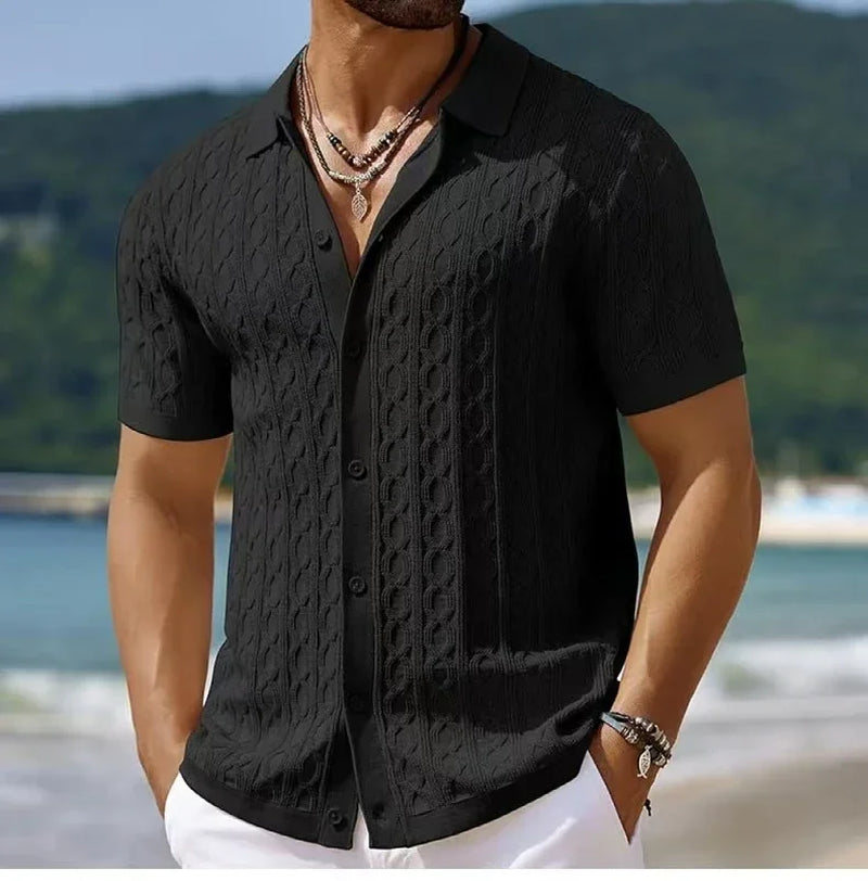Summe Embroidery Men'S Short Sleeved Fashion Knitted Shirt 2025 Men'S Business Solid Color Casual Button Cardigan POLO Shirt Top