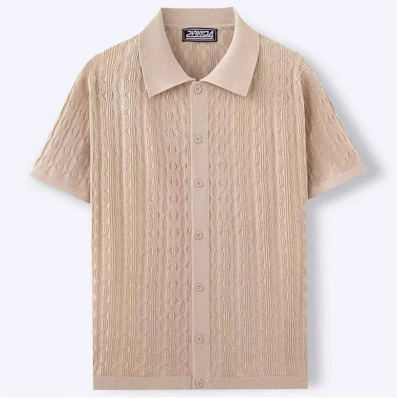 Summe Embroidery Men'S Short Sleeved Fashion Knitted Shirt 2025 Men'S Business Solid Color Casual Button Cardigan POLO Shirt Top