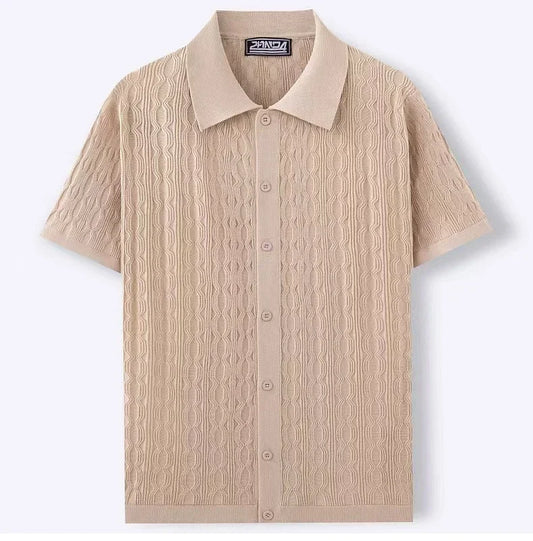 Summe Embroidery Men'S Short Sleeved Fashion Knitted Shirt 2025 Men'S Business Solid Color Casual Button Cardigan POLO Shirt Top