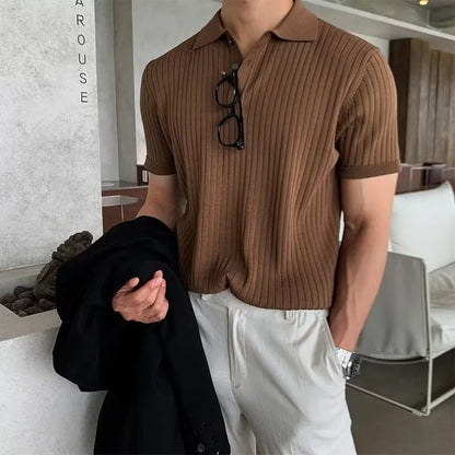 Korean Style New Men'S Summer Collar Solid Color Casual Thin Knitted Top Men'S Fashionable Slim Fit Short Sleeved Shirt