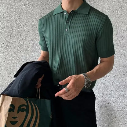 Korean Style New Men'S Summer Collar Solid Color Casual Thin Knitted Top Men'S Fashionable Slim Fit Short Sleeved Shirt