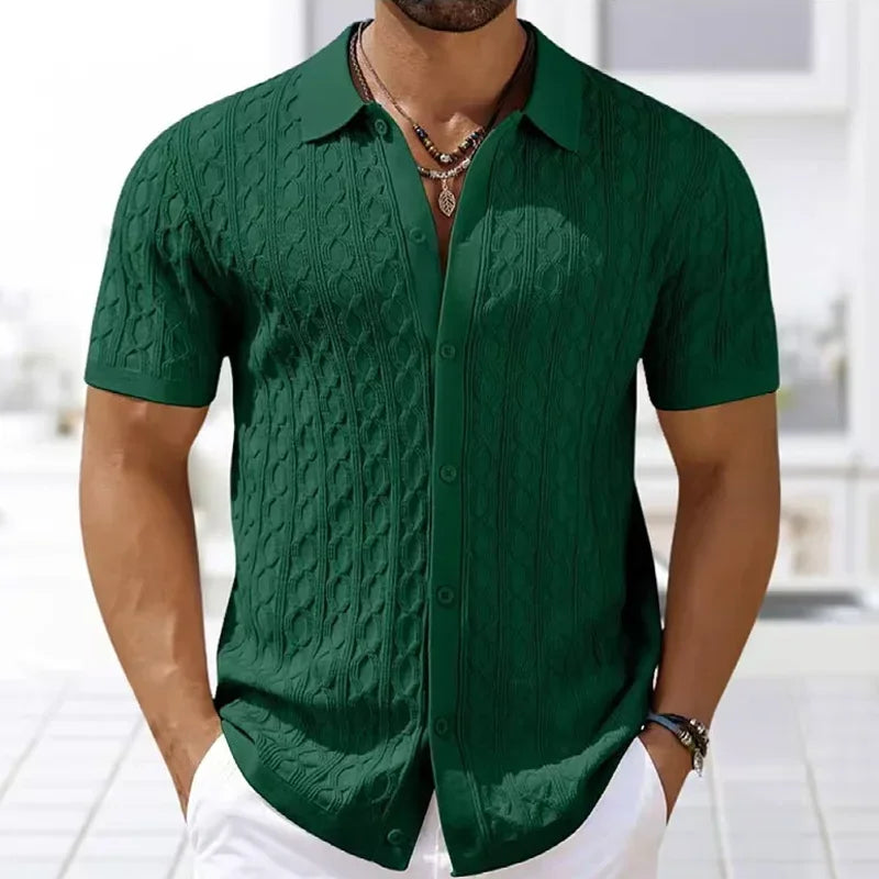 Summe Embroidery Men'S Short Sleeved Fashion Knitted Shirt 2025 Men'S Business Solid Color Casual Button Cardigan POLO Shirt Top