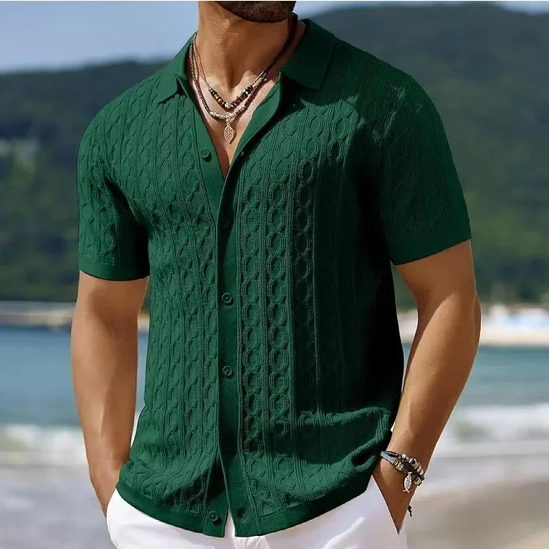 Summe Embroidery Men'S Short Sleeved Fashion Knitted Shirt 2025 Men'S Business Solid Color Casual Button Cardigan POLO Shirt Top